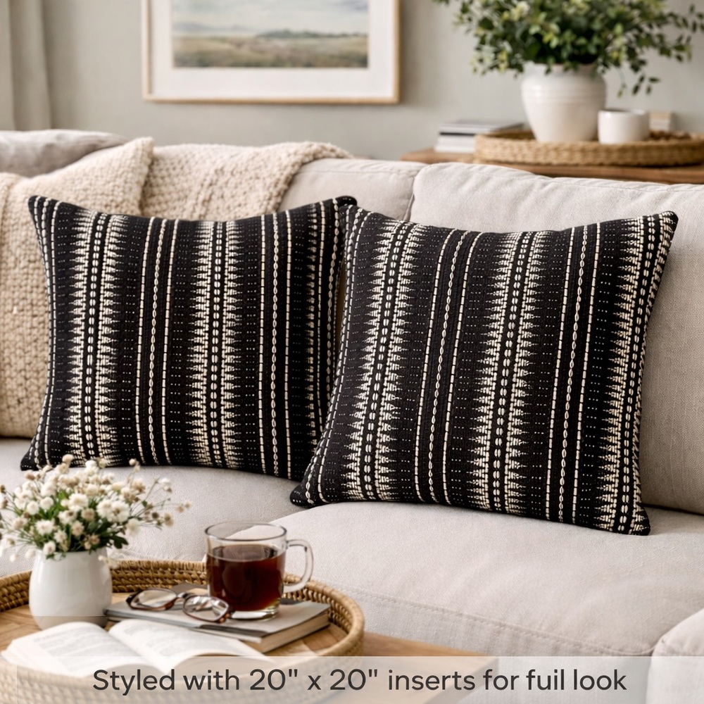 Ethan Allen Textured Silk Pillow Covers Set of 2 Black Ivory 20x20 Matte Woven